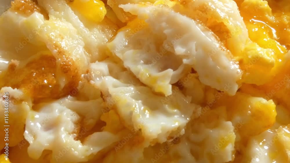 A close up shot of scrambled eggs after being cut up with fork and knife. A close up shot of scrambled eggs after being cut up with fork and knife.