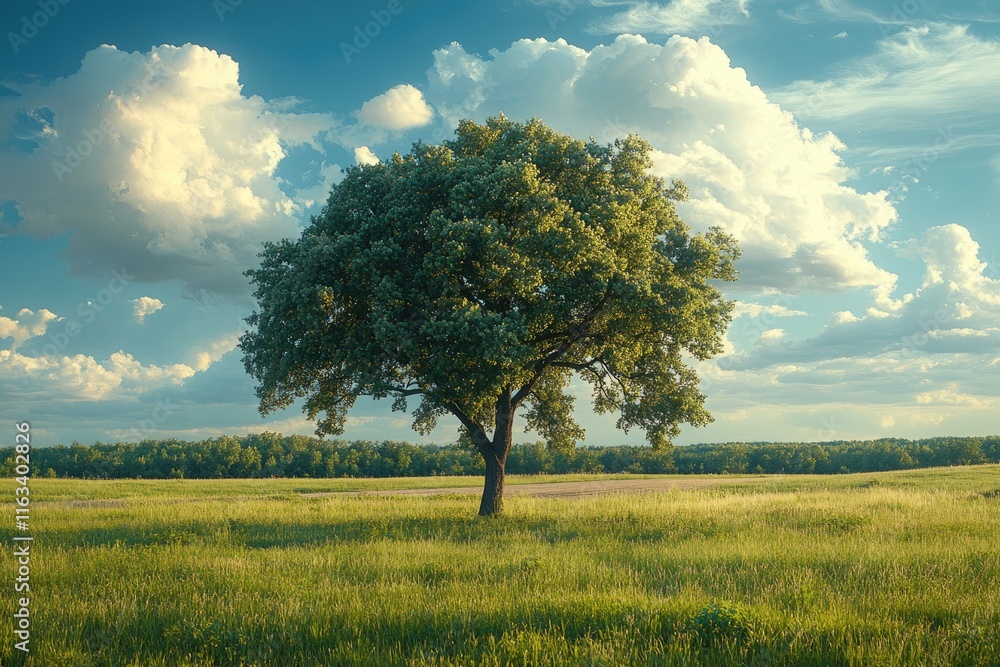 Fototapeta premium Lonely tree standing in green field under cloudy sky