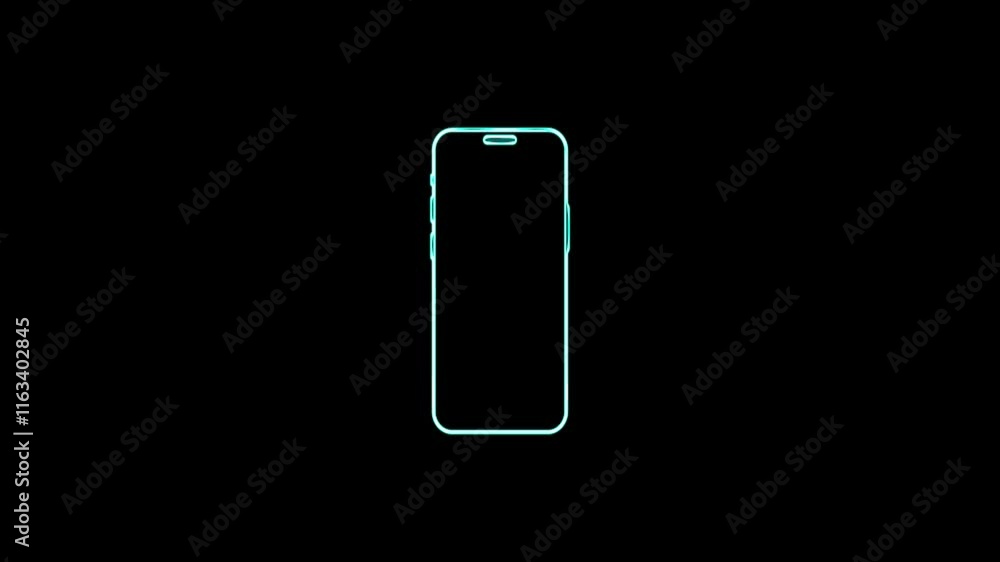 Neon mobile phone icon animation on black background. Glowing neon .Rotate mobile phone icon animation.
