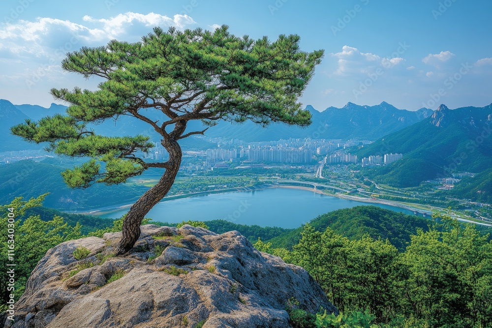 Obraz premium Korean pine tree growing on a cliff overlooking a valley in south korea