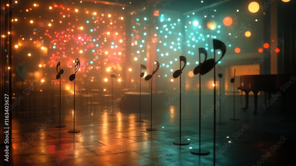 Obraz premium Musical notes on stands in a dimly lit room with bokeh lights and a piano.