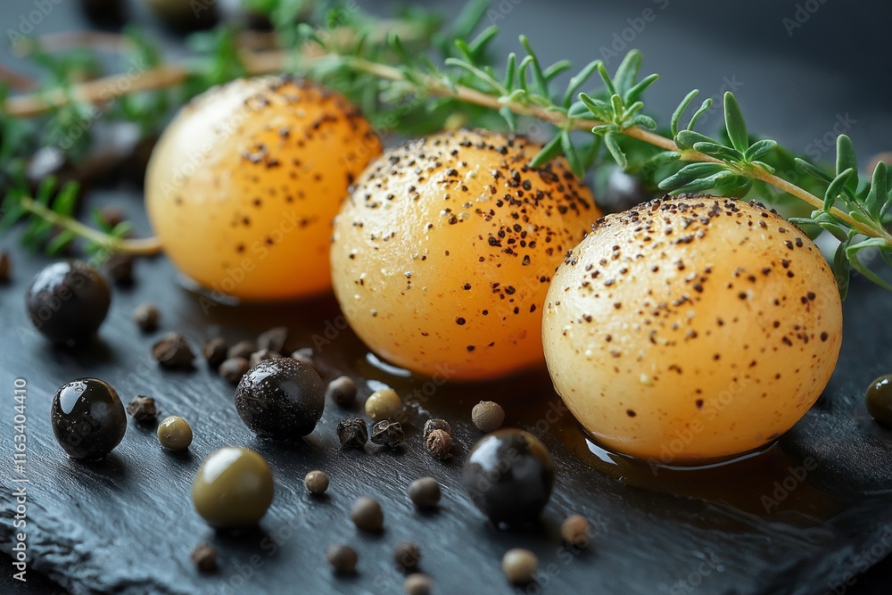 Obraz premium This artistic food presentation features three spherical gourmet creations, seasoned and garnished, representing Malakoff cuisine, perfect for food enthusiasts and creatives.