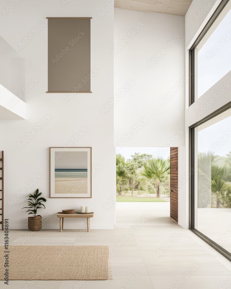 Fototapeta premium Modern interior design featuring large windows and natural light in a spacious living area