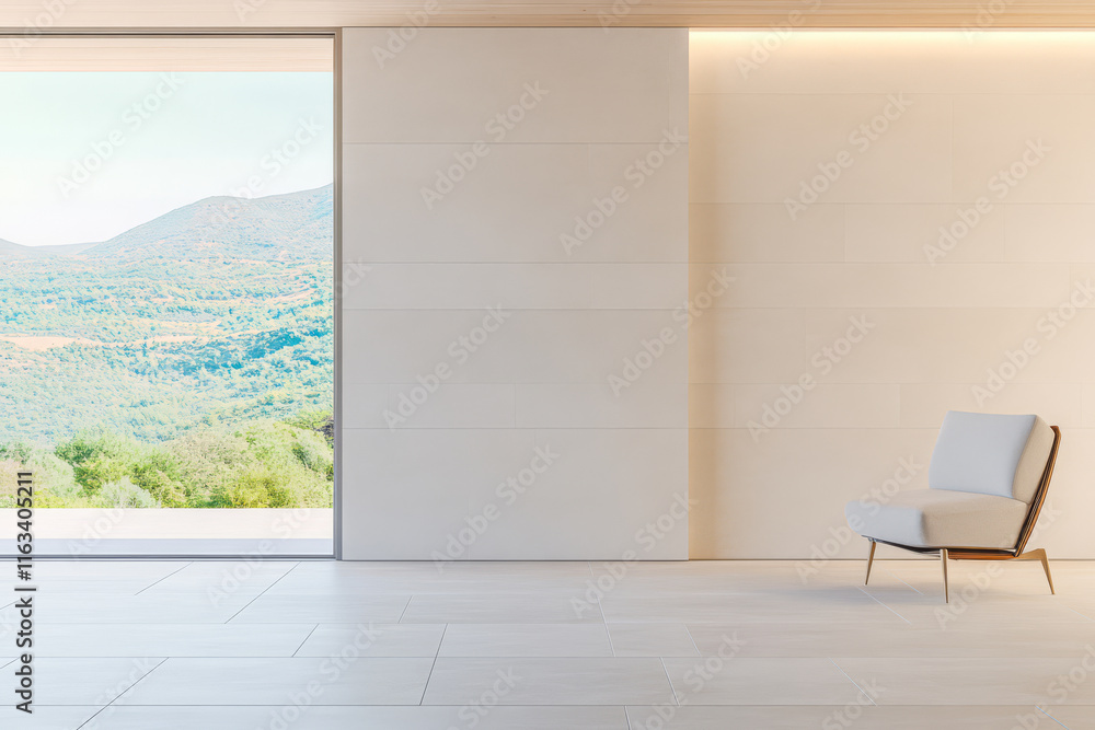 Obraz premium Modern interior design with scenic mountain view from minimalist living space