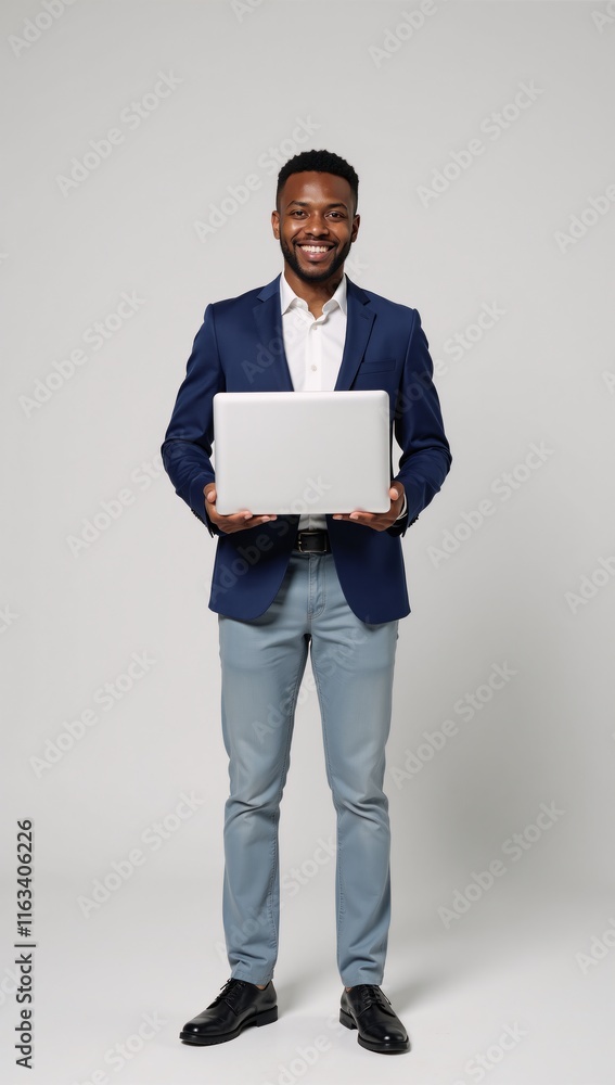 An African American man named David smiles while holding a laptop in an office-themed portrait featuring cartoon characters communicating via computer against a clean white backdrop An African American man named David smiles while holding a laptop in an office-themed portrait featuring cartoon characters communicating via computer against a clean white backdrop