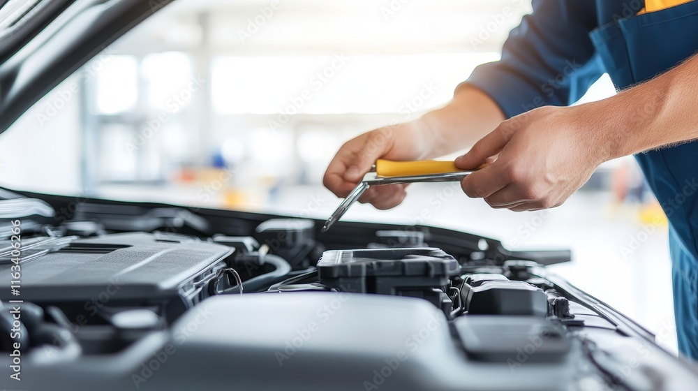 A mechanic is working on a car engine A mechanic is working on a car engine