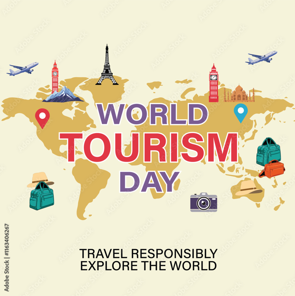 Fototapeta premium A creative World Tourism Day design showcasing a map with famous landmarks, travel icons, and the slogan 