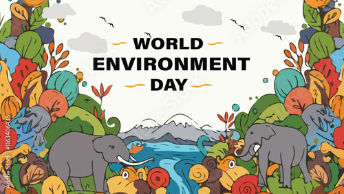 A vibrant World Environment Day design featuring nature elements such as trees, animals, mountains, and a river, highlighting the importance of protecting the environment