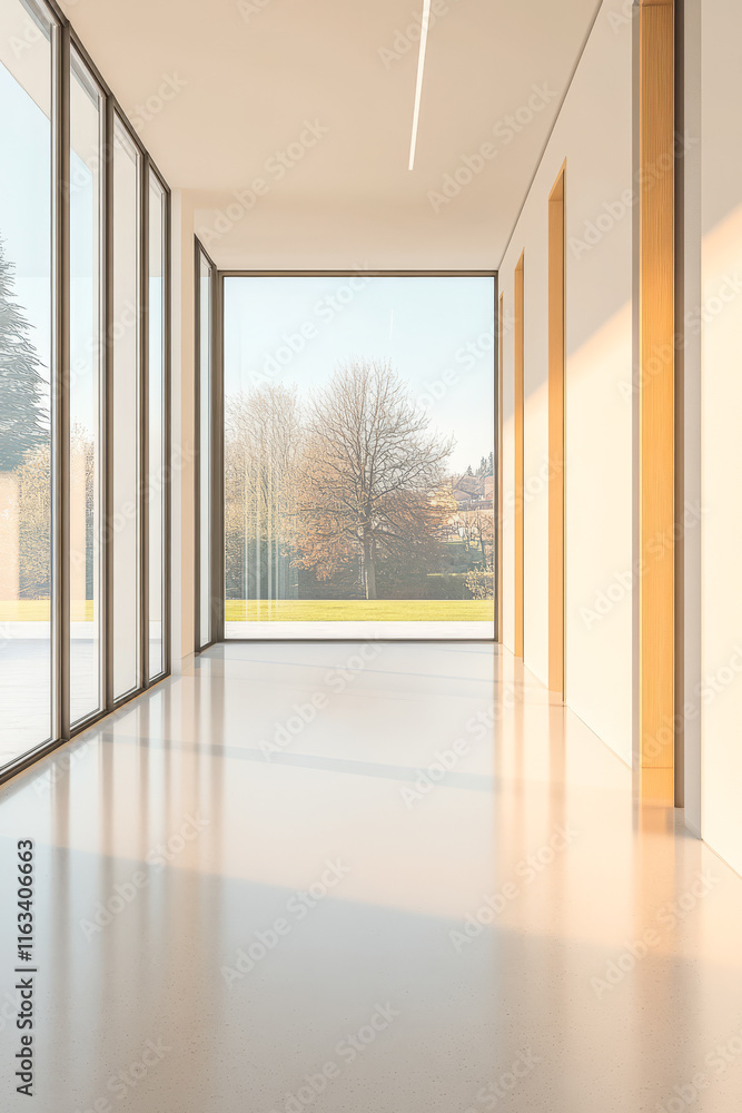 Fototapeta premium Modern interior hallway with large windows and natural light in minimalist design