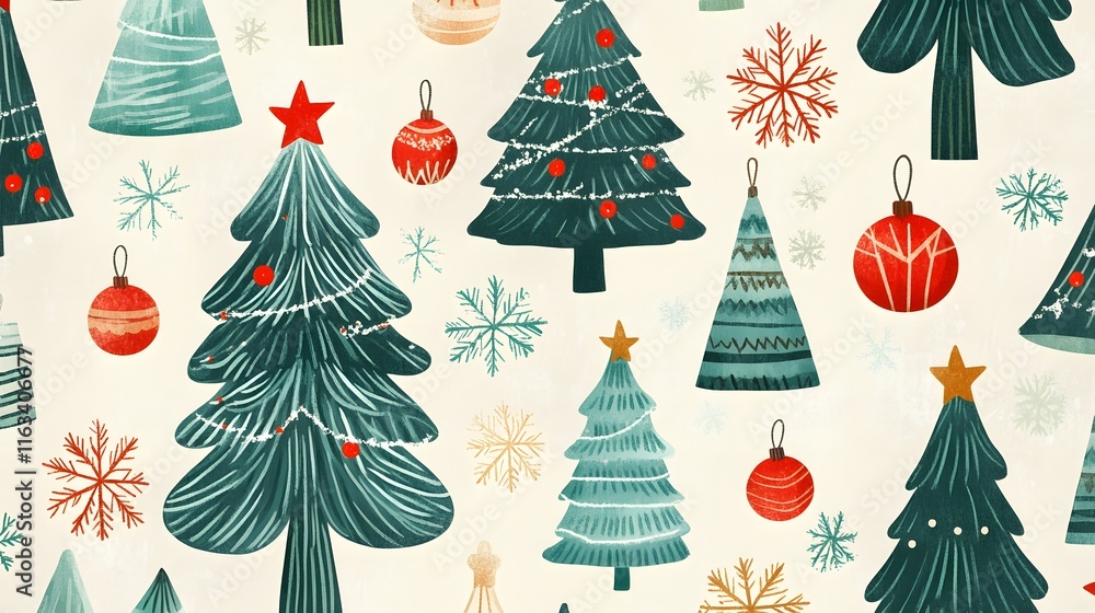 Festive Christmas Tree Pattern Design Featuring Ornaments and Snowflakes Festive Christmas Tree Pattern Design Featuring Ornaments and Snowflakes