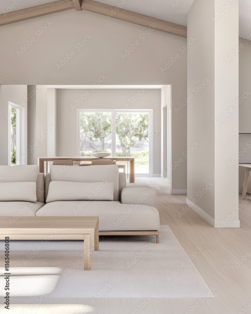 Fototapeta premium Modern interior design in a bright spacious living room with natural light and neutral tones