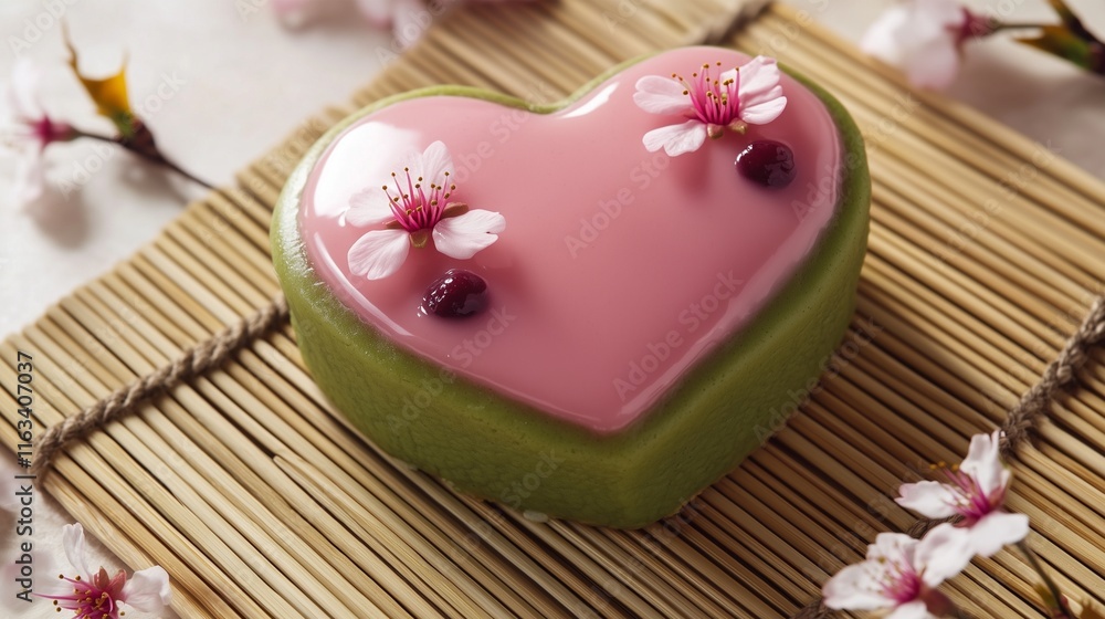 A Japanese matcha-flavored heart-shaped dorayaki filled with sweet red bean paste and topped with pink sakura icing, placed on a bamboo mat with scattered cherry blossoms and soft natural light A Japanese matcha-flavored heart-shaped dorayaki filled with sweet red bean paste and topped with pink sakura icing, placed on a bamboo mat with scattered cherry blossoms and soft natural light