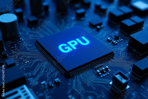 Neon GPU Graphic Processing Unit on Circuit Board in Dark Setting