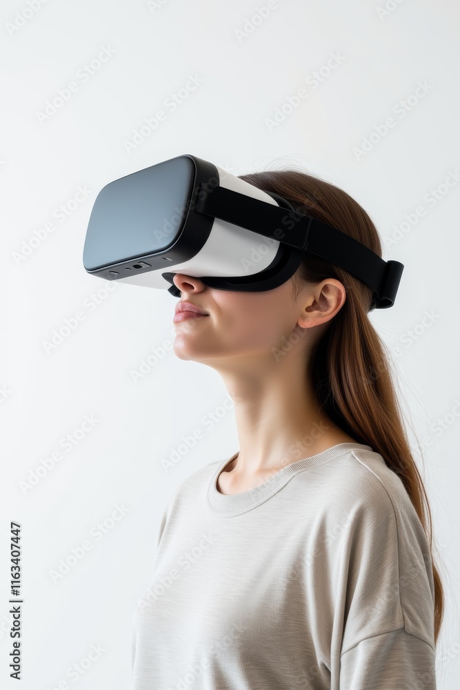 Woman Wearing Virtual Reality Headset in Modern Tech Environment Woman Wearing Virtual Reality Headset in Modern Tech Environment