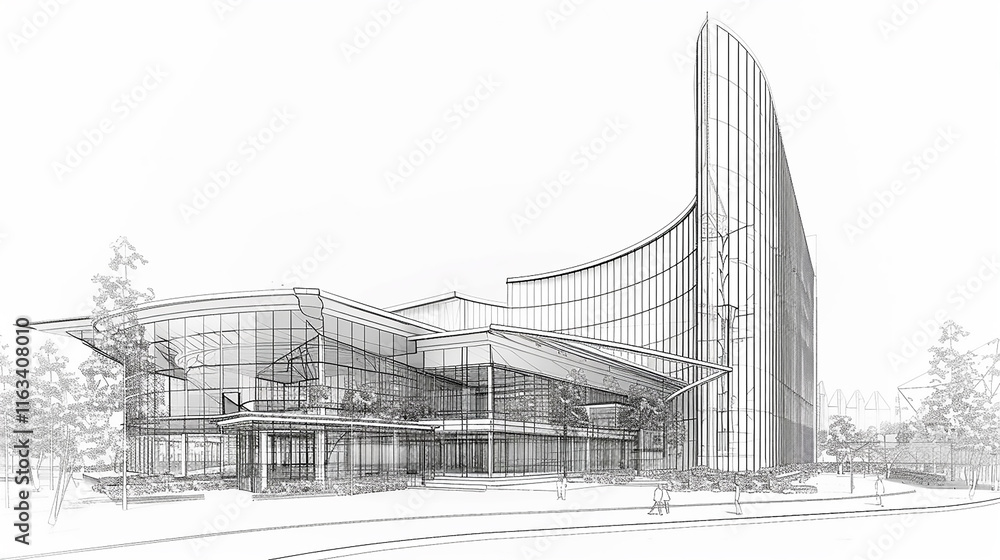 Fototapeta premium construction perspective design. abstract modern urban landscape line drawing, imaginative architecture building construction perspective design