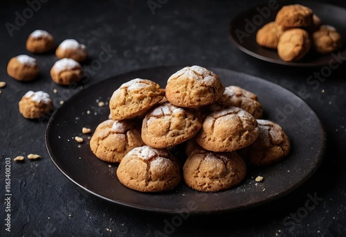 A close-up of a plate of amaretti cookies on a dark background