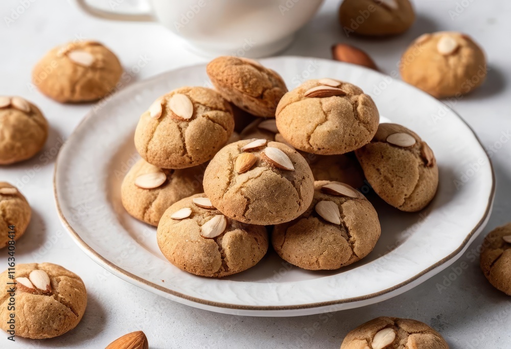 Close-up of amaretti cookies on a white dish with almonds next to it Close-up of amaretti cookies on a white dish with almonds next to it