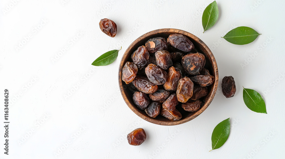 Dried dates in a wooden bowl surrounded by green leaves on a white background, a healthy natural snack with rich nutrients and sweet flavor ideal for cooking Dried dates in a wooden bowl surrounded by green leaves on a white background, a healthy natural snack with rich nutrients and sweet flavor ideal for cooking