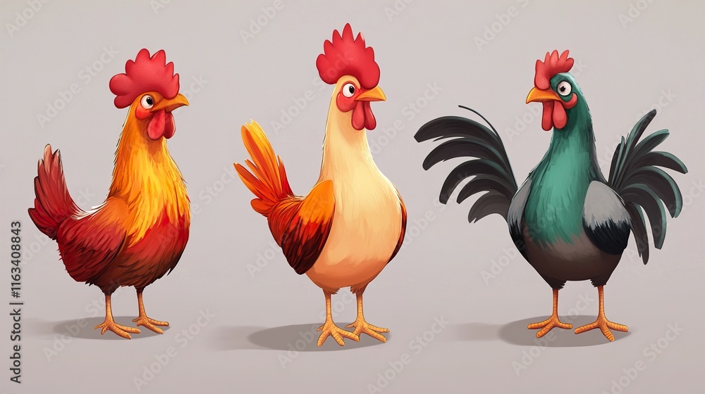 Fototapeta premium Three Colorful Roosters: Farm Birds Illustration