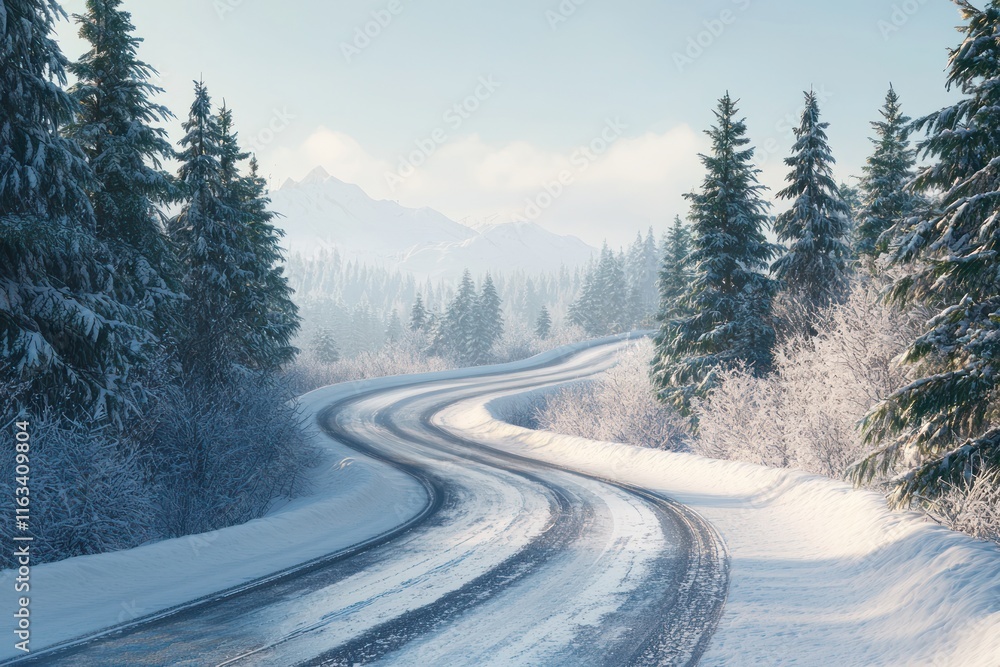 Snow-covered winding road lined with frosty pine trees. Snow-covered winding road lined with frosty pine trees.
