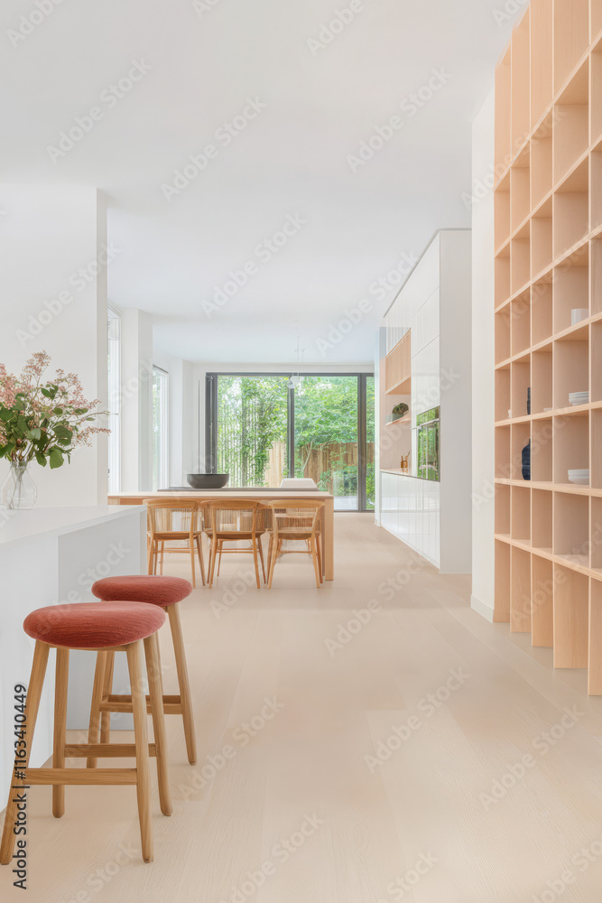Fototapeta premium Modern interior design featuring a minimalist dining space with natural light and greenery