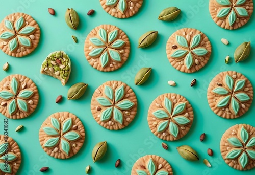 A plate of Moroccan ghoriba cookies with pistachio nuts against a mint color background photo