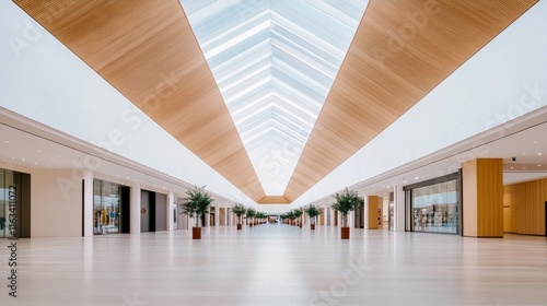 A large, empty shopping mall with a long, white ceiling and a lot of empty space