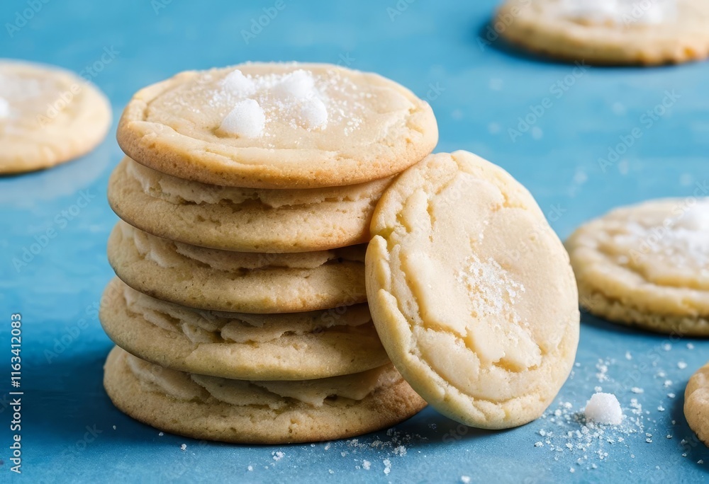 A stack of colorful sugar cookies on a blue background