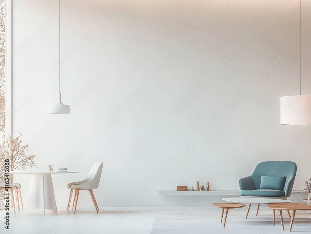 Fototapeta premium Modern minimalist interior design featuring a comfortable chair and dining area