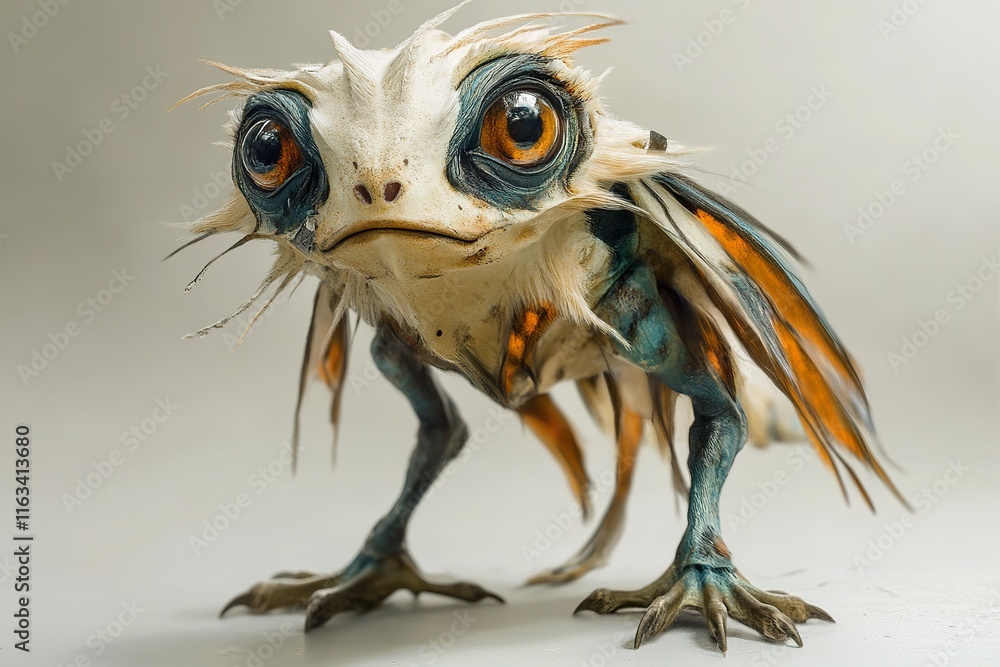 A whimsical creature with feathered wings and large eyes A whimsical creature with feathered wings and large eyes