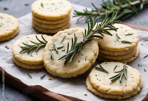 A plate with a variety of savory shortbread cookies, some with rosemary and lemon and others with cheese and a sprinkle of salt. photo