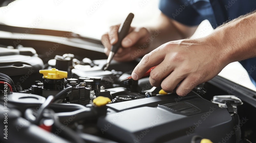 © OZTOCOOL - A man is working on a car engine, writing on it with a pen © OZTOCOOL - A man is working on a car engine, writing on it with a pen
