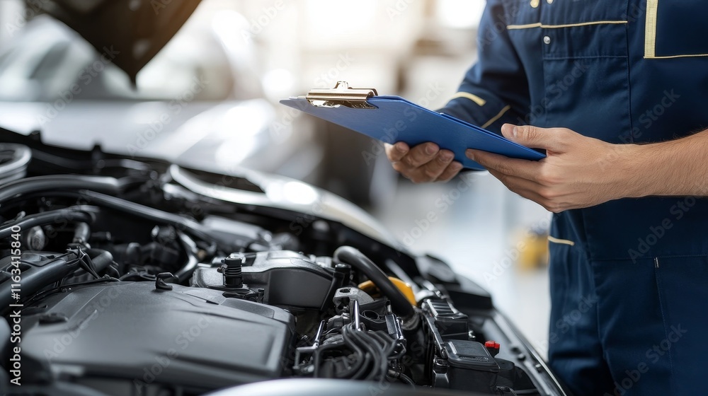 A mechanic is inspecting a car engine with a clipboard A mechanic is inspecting a car engine with a clipboard