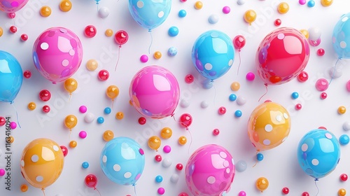 A lovely 3D sticker wallpaper design of cartoon characters and balloons floats on a bright white background