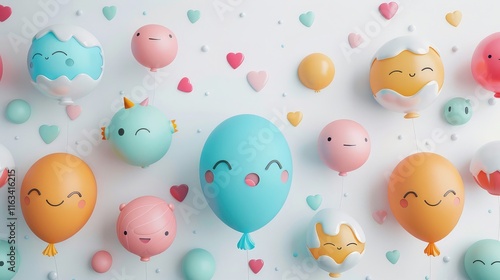 A lovely 3D sticker wallpaper design of cartoon characters and balloons floats on a bright white background