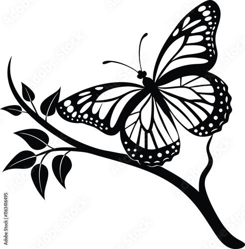 monarch butterfly animal in branch black color silhouette vector 
