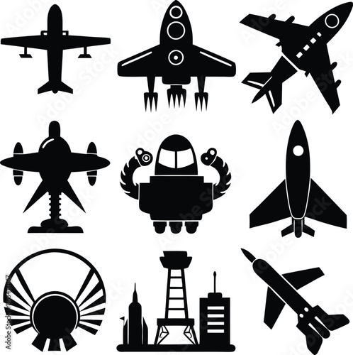  set consistent aerospace defense industry silhouette vector    
