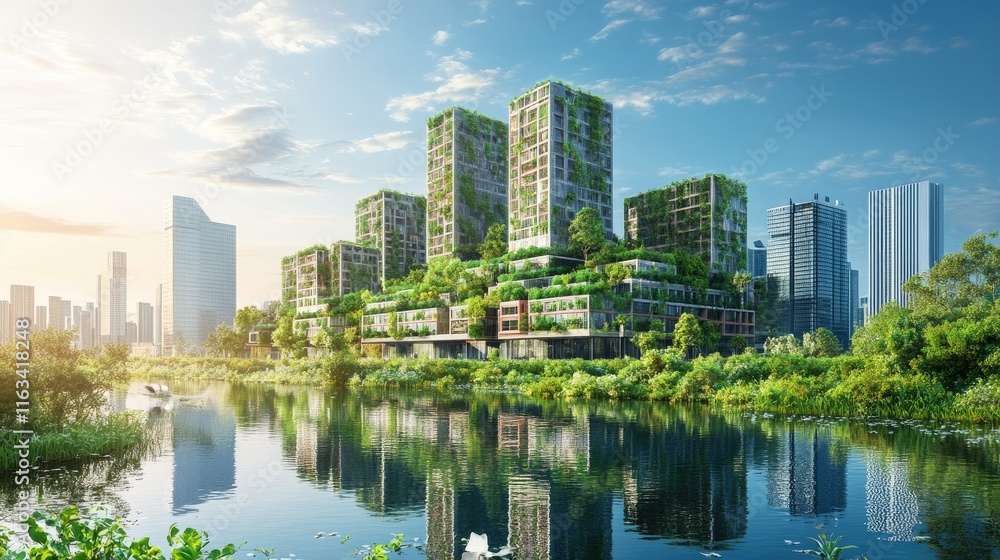 Eco-friendly skyscrapers by a tranquil river, showcasing sustainable urban development. Eco-friendly skyscrapers by a tranquil river, showcasing sustainable urban development.