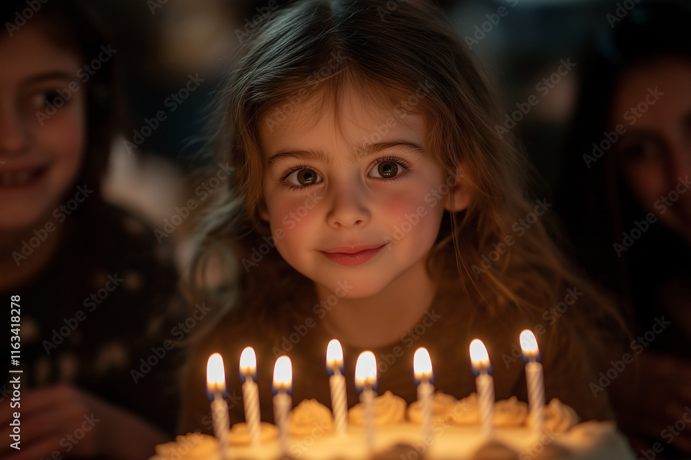 A young girl is standing in front of a birthday cake with lit candles. Generative Ai. A young girl is standing in front of a birthday cake with lit candles. Generative Ai.