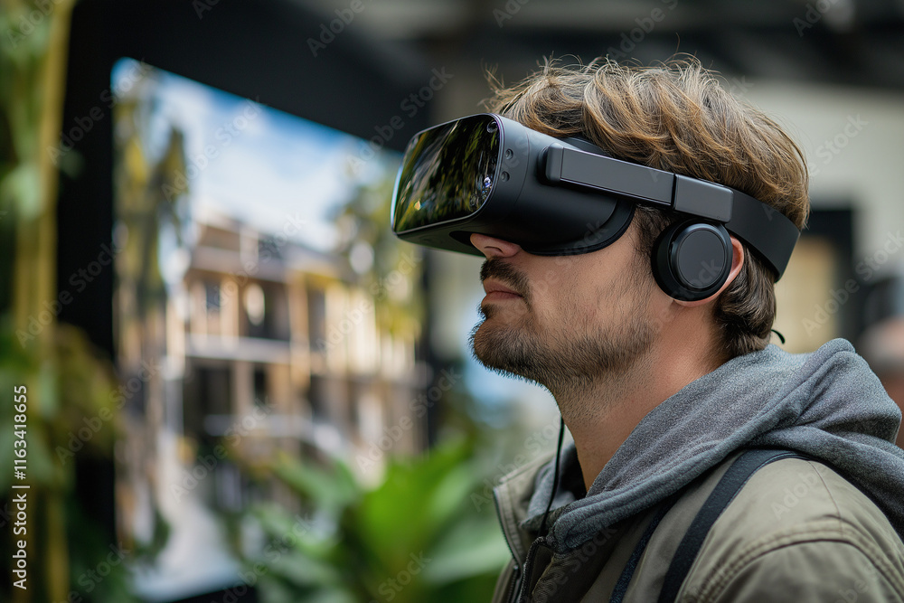 A man wearing a virtual reality headset is looking at a building. Generative Ai. A man wearing a virtual reality headset is looking at a building. Generative Ai.