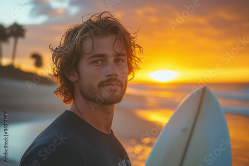 A man with a beard and long hair is standing on a beach holding a surfboard. Generative Ai.