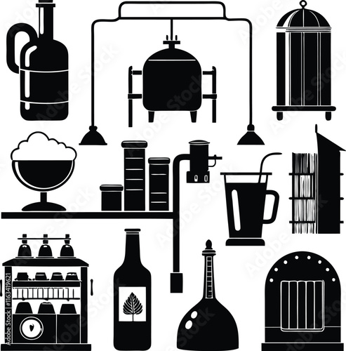  set  consistent brewery equipment industry silhouette vector  