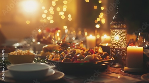 Cozy candlelit dinner spread with middle eastern delights and lantern decor photo