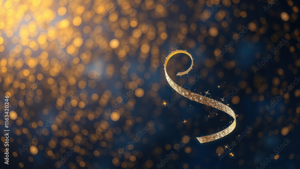 Fototapeta premium Golden ribbon swirl against a dark blue bokeh background with sparkling lights.