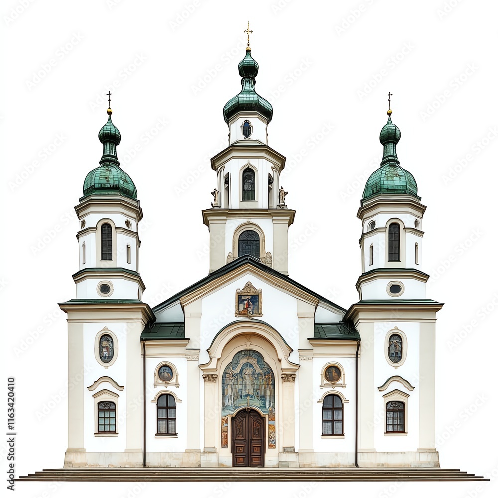 Historic church with green domes, white facade, isolated on white background Historic church with green domes, white facade, isolated on white background