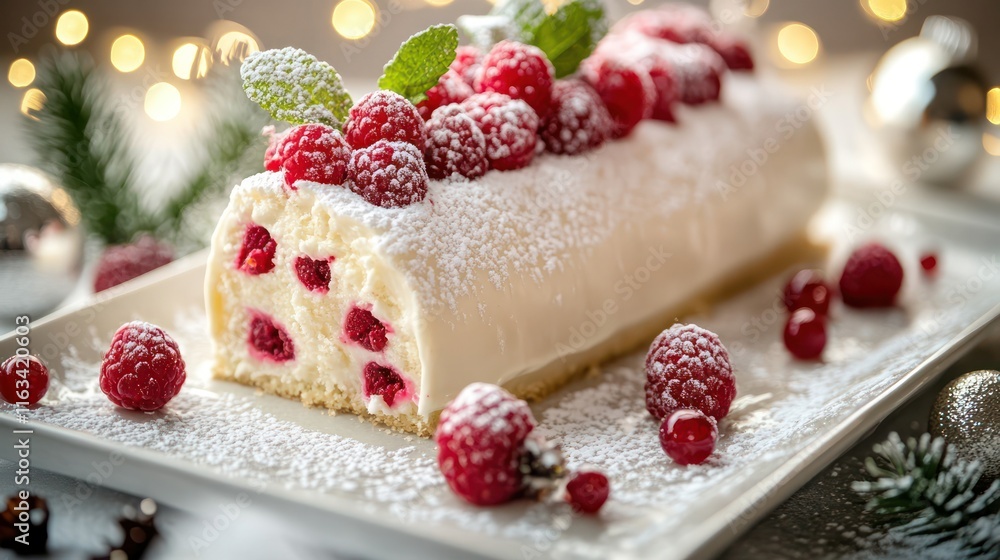 A white cake with red frosting and berries on top. The cake is decorated with a red ribbon and is surrounded by pine needles and berries A white cake with red frosting and berries on top. The cake is decorated with a red ribbon and is surrounded by pine needles and berries