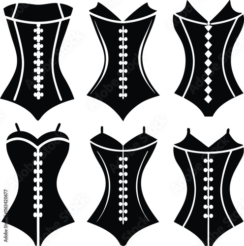 set consistent corset black color silhouette vector