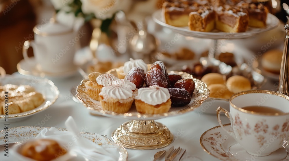 Elegant afternoon tea setting with assorted pastries and teacups on ornate tableware Elegant afternoon tea setting with assorted pastries and teacups on ornate tableware