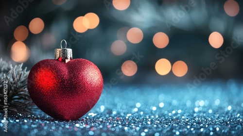 Red Heart as Christmas Ball On Glitter Blue Bokeh Background