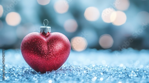Red Heart as Christmas Ball On Glitter Blue Bokeh Background